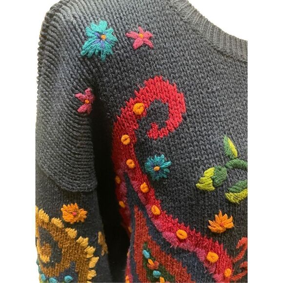 Christina Navy Blue with Bright Colored Paisley Pattern Crewneck Long Sleeve Han - Picture 7 of 15